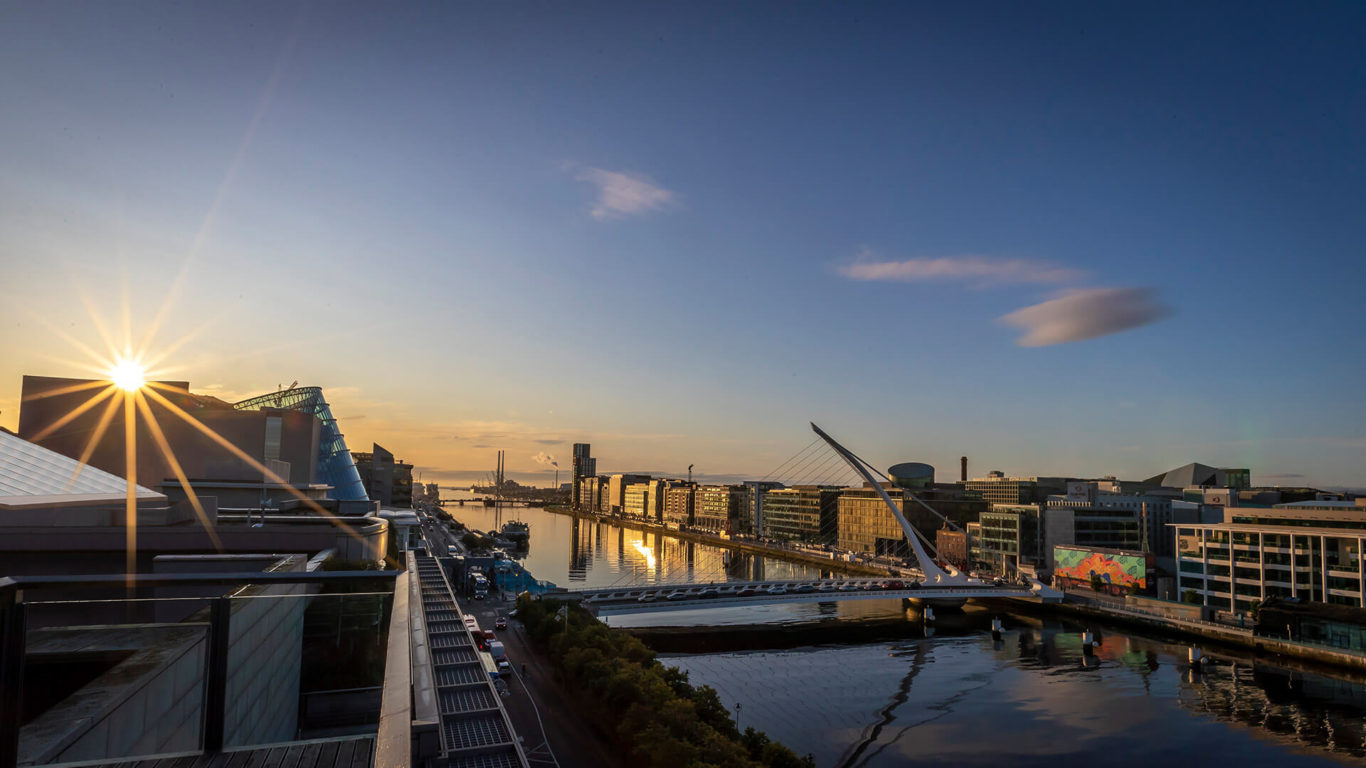 view of samuel beckett bridge and river liffey from the spencer hotel - david cantwell