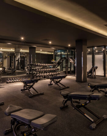 Spacious hotel gym with modern equipment, free weights, and mirrors for a comprehensive workout experience.
